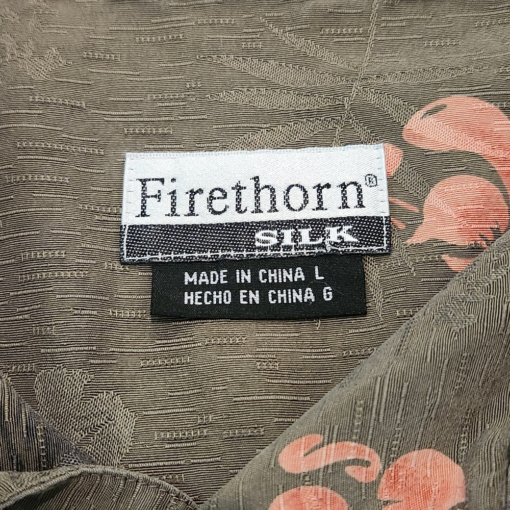 Firethorn Hawaiian Silk Shirt, Men's Large, Olive Green, Short Sleeve, Floral - Picture 5 of 9